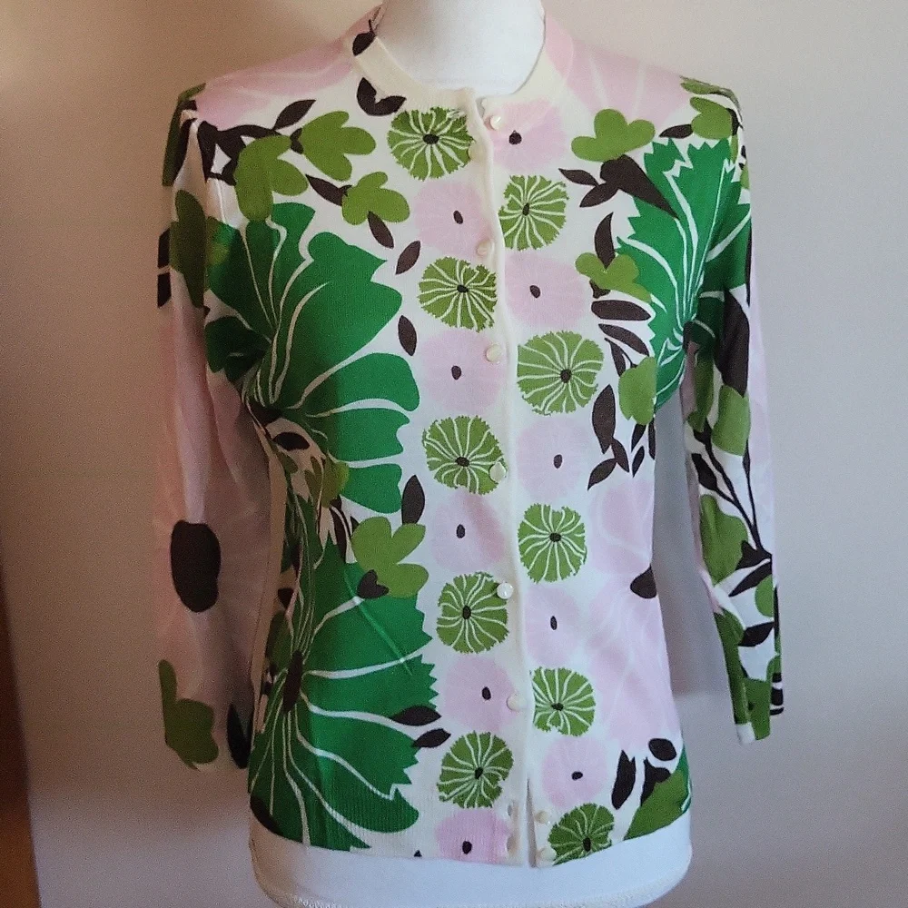 Vintage J. Crew Floral Wool Cardigan Pink Green Size Large - Picture 1 of 8